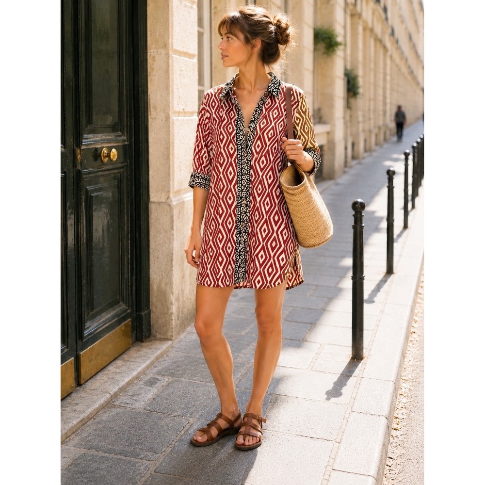 Natura Red Geometric Diamond Print Boho Hippie‎ Earthy Cotton Mini Shirt Dress